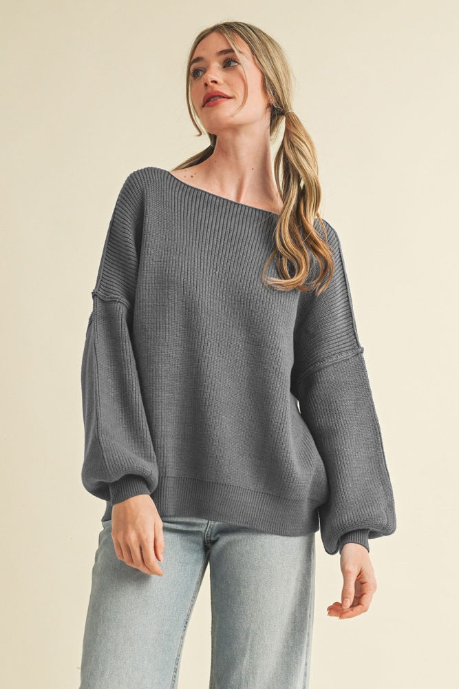 Charcoal Balloon Sleeve Boat Neck Knit Maternity Sweater