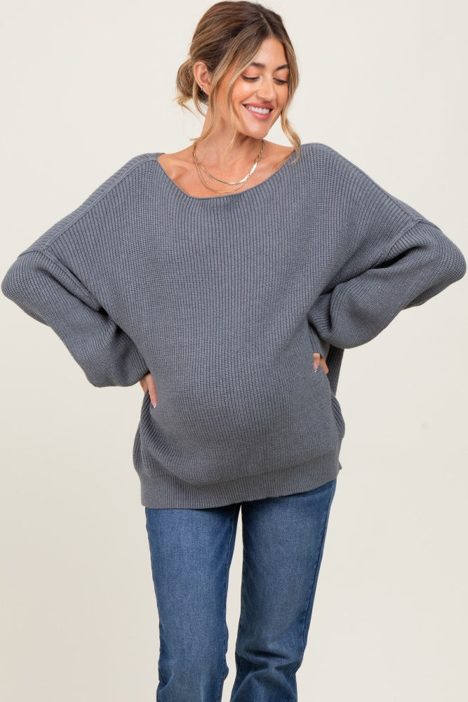 Charcoal Balloon Sleeve Boat Neck Knit Maternity Sweater