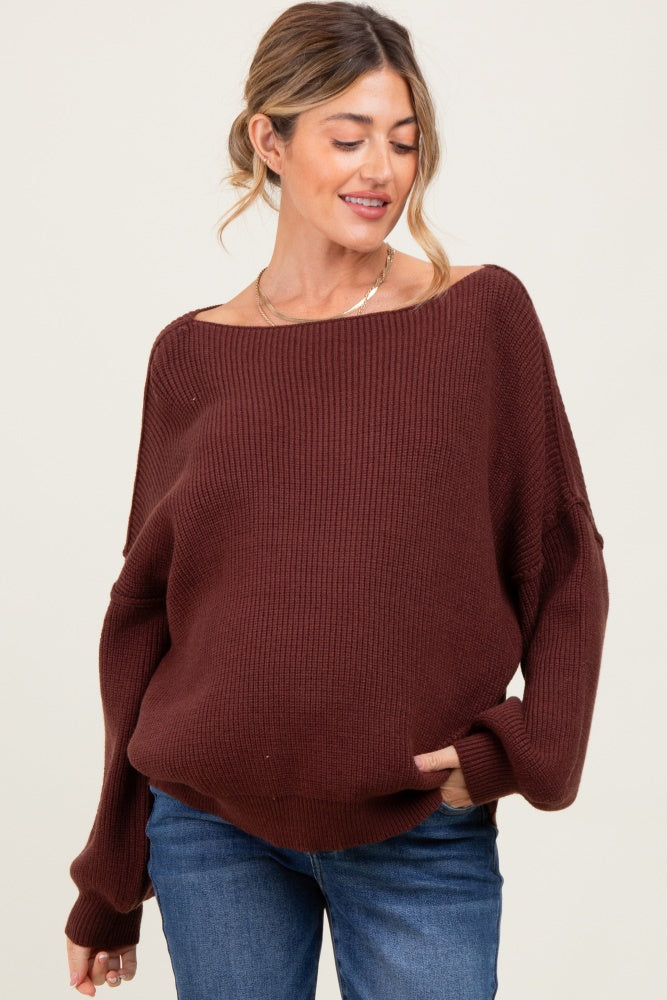 Brown Balloon Sleeve Boat Neck Knit Maternity Sweater