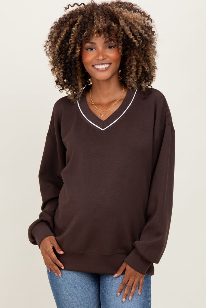 Brown V-Neck Maternity Sweatshirt