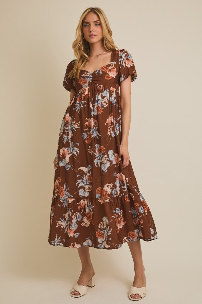 Brown Floral Sweetheart Puff Sleeve Maternity Midi Dress