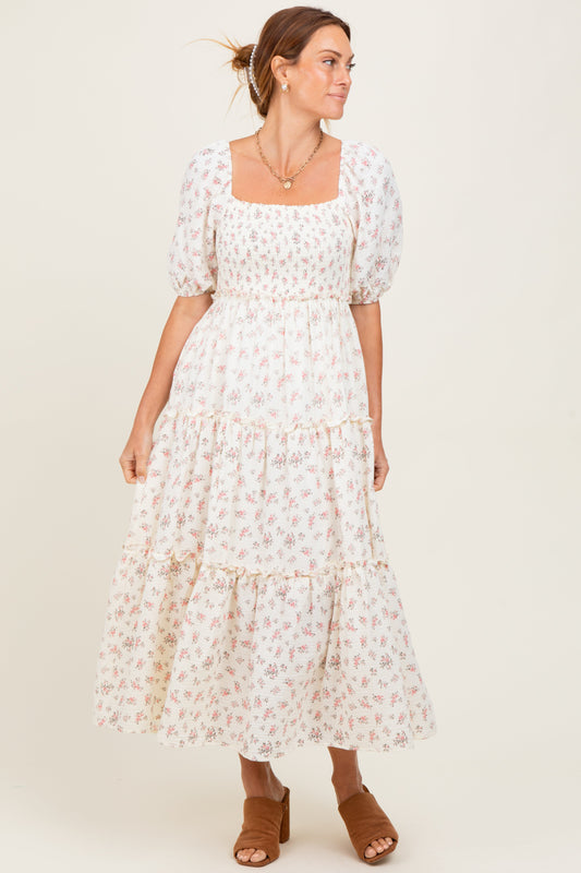 Pink Floral Smocked Ruffle Tiered Maxi Dress