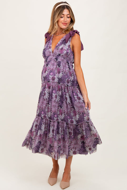 Purple Floral Mesh Deep V-Neck Shoulder Tie Maternity Maxi Dress