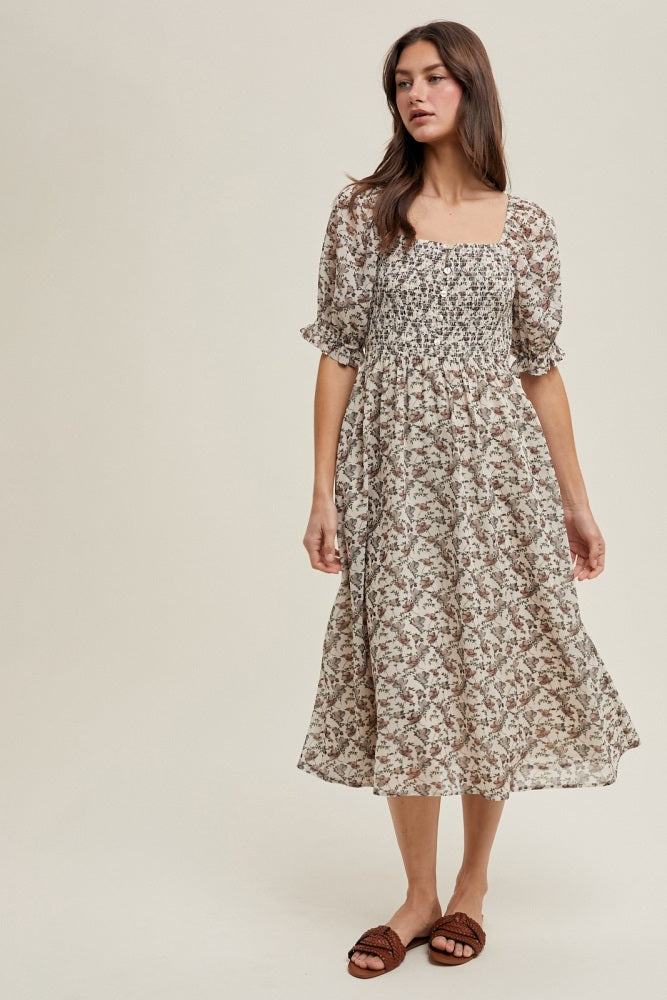 Cream Floral Smocked Puff Sleeve Maternity Midi Dress