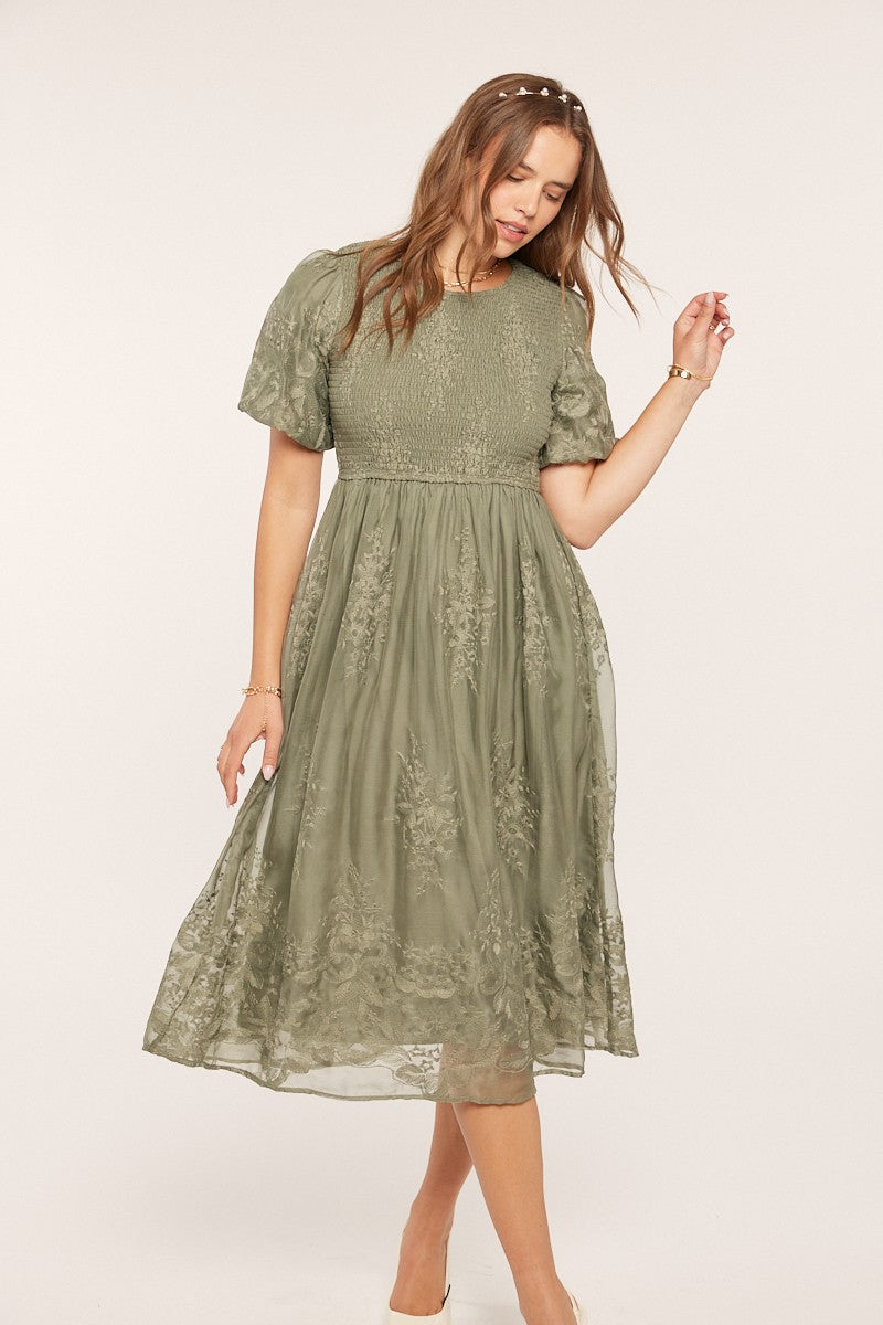 Light Olive Floral Lace Smocked Midi Dress