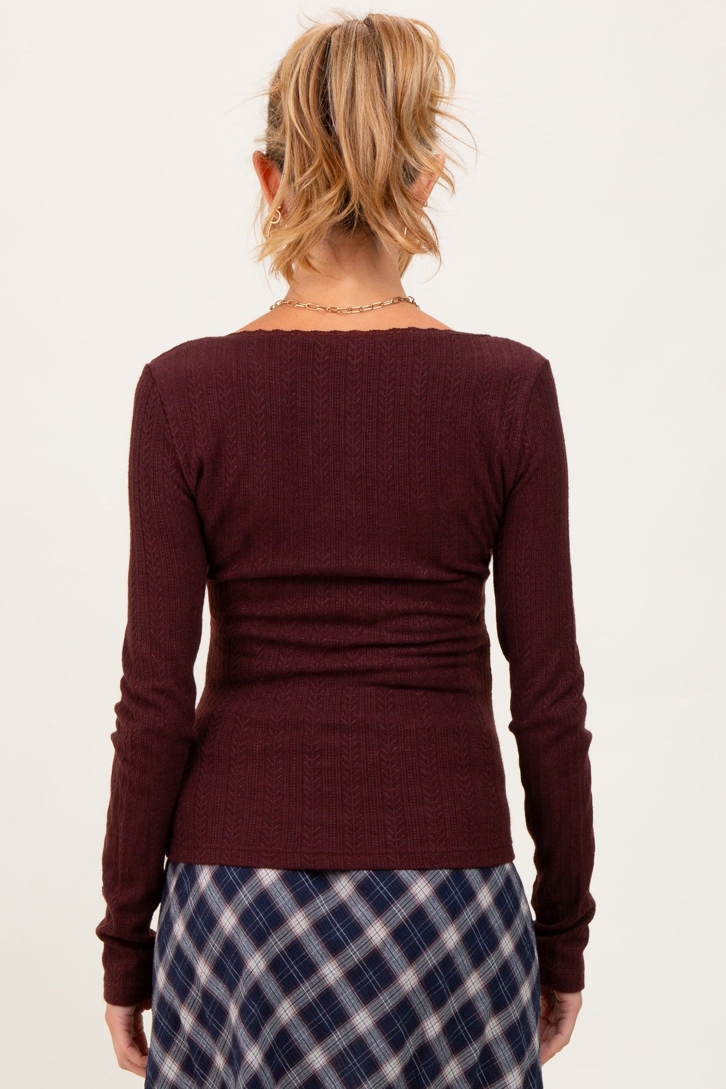 Burgundy Pointelle Knit Lace Trim Square Neck Maternity Top