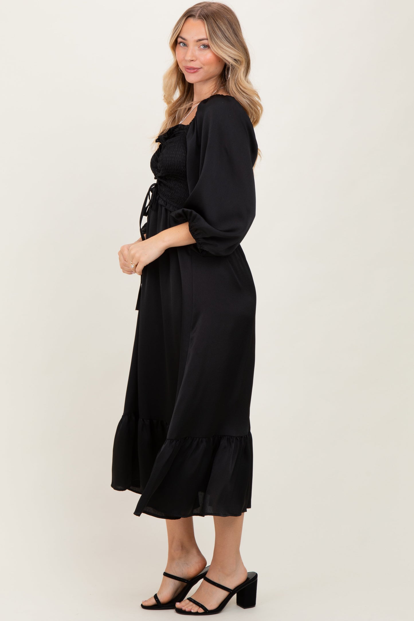 Black Satin Smocked Cinched Bust Midi Dress