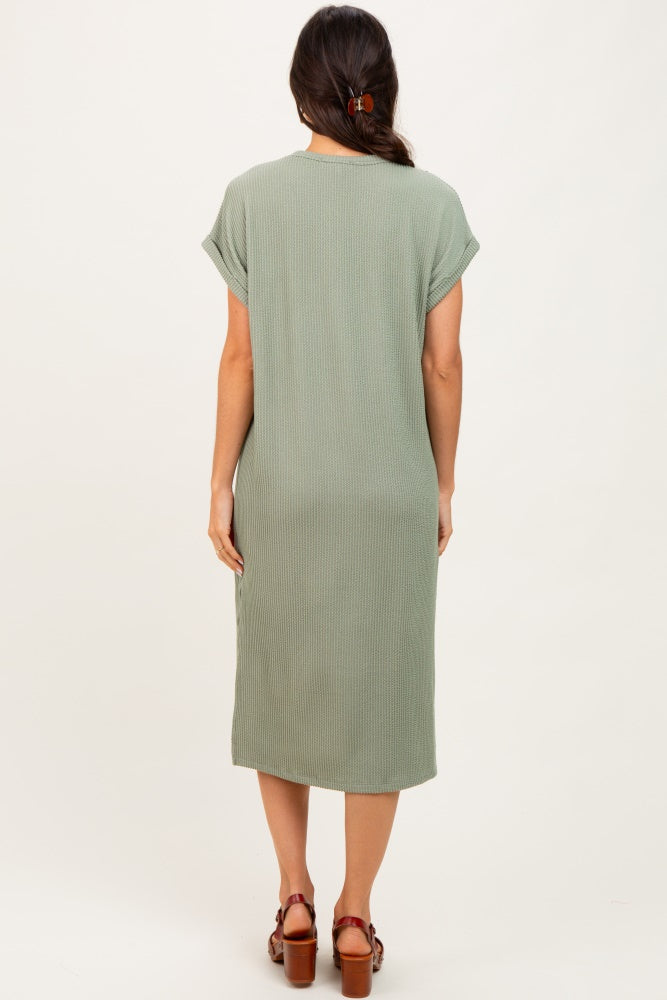 Olive Ribbed Short Sleeve Midi Dress
