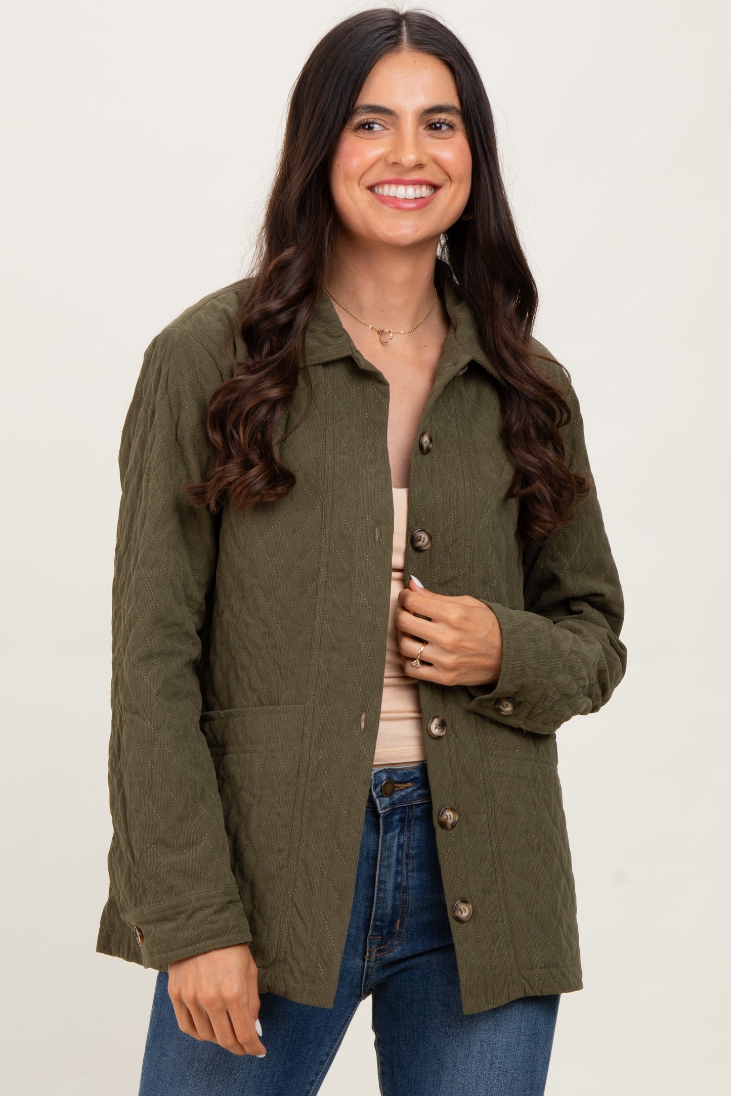 Olive Quilted Button Maternity Jacket