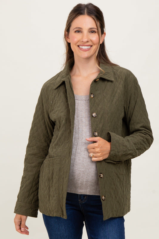 Olive Quilted Button Maternity Jacket