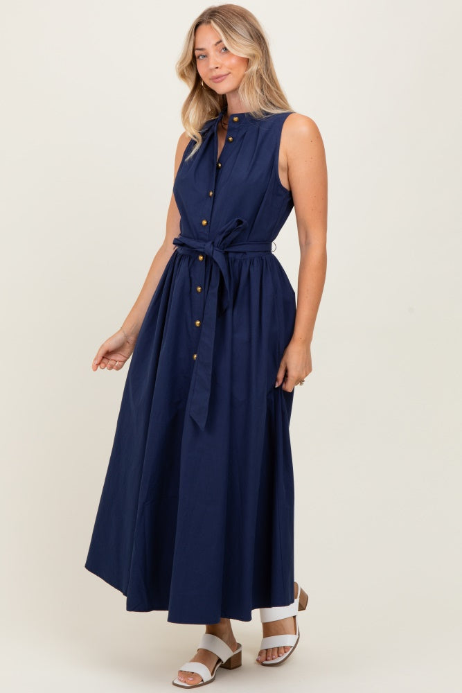 Navy Button Down Sleeveless Shirt Dress