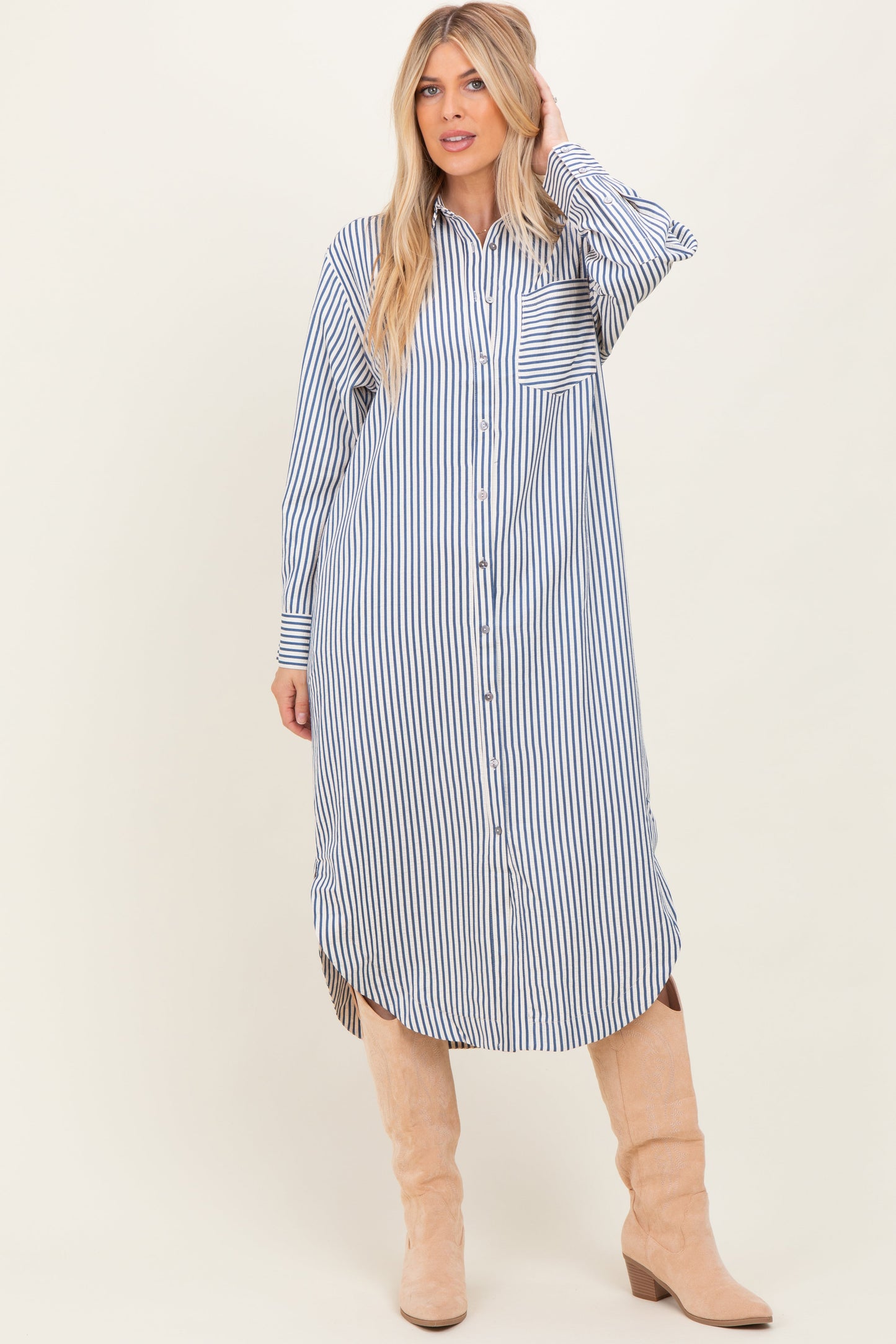 Navy Textured Stripe Button Down Shirt Dress