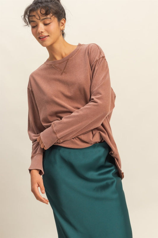 Camel Mineral Washed Drop Shoulder Long Sleeve Top