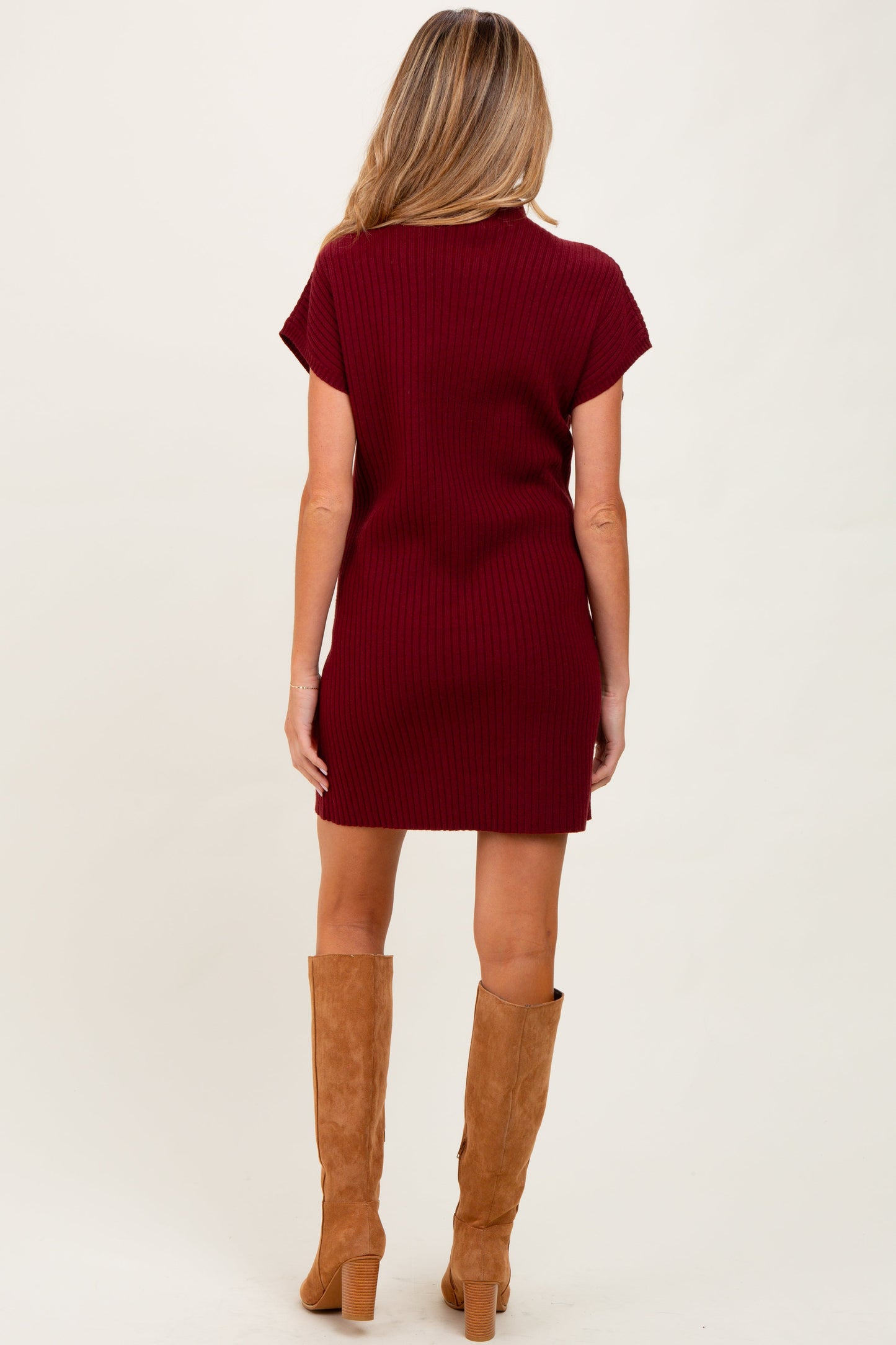 Burgundy Ribbed Knit Maternity Short Sleeve Sweater Dress