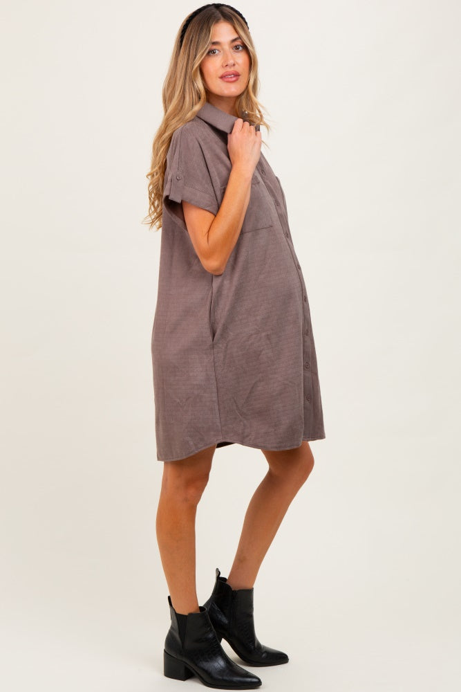 Mocha Faux Suede Button Down Maternity Shirt Dress