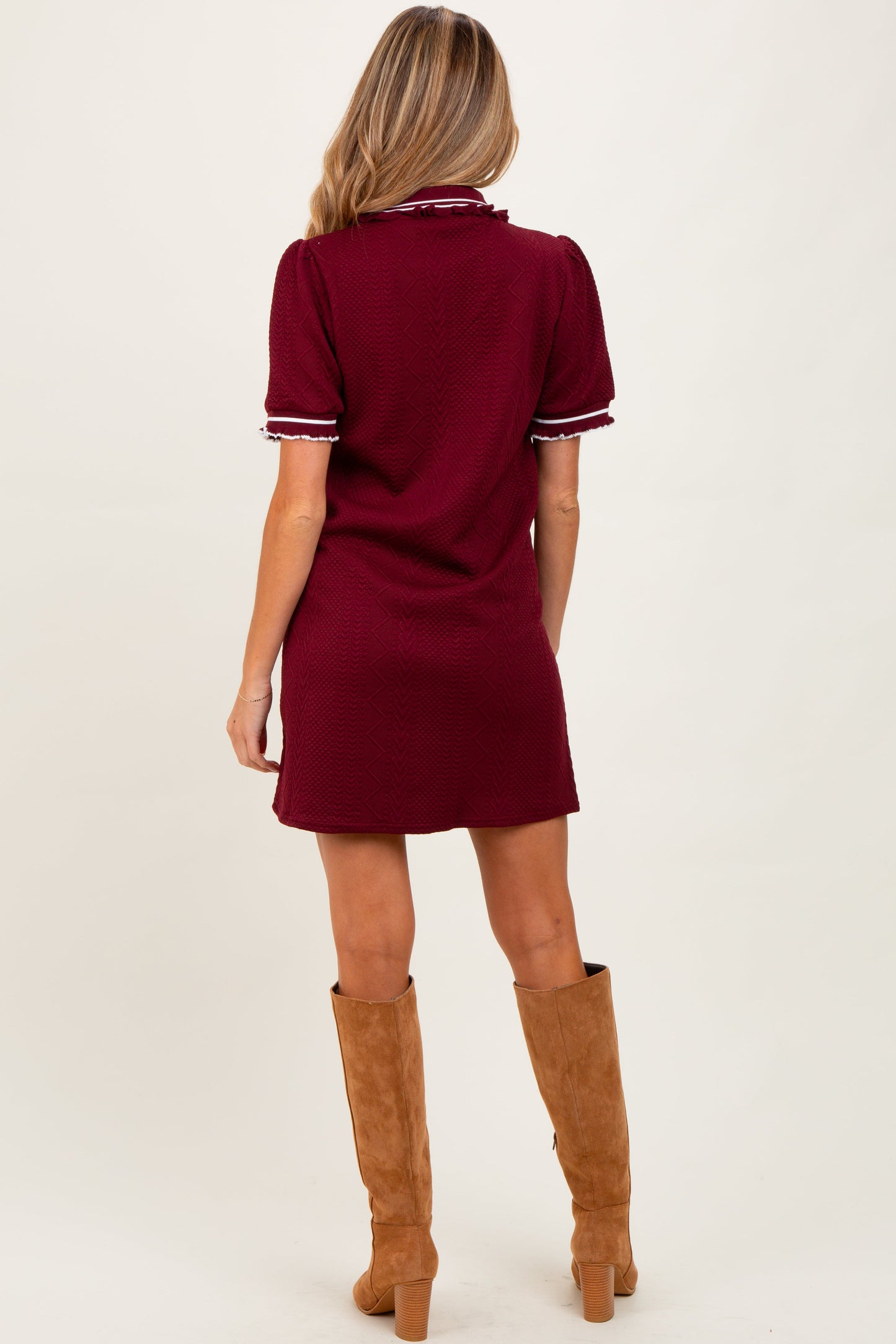 Burgundy Jacquard Ruffle Accent Maternity Polo Dress