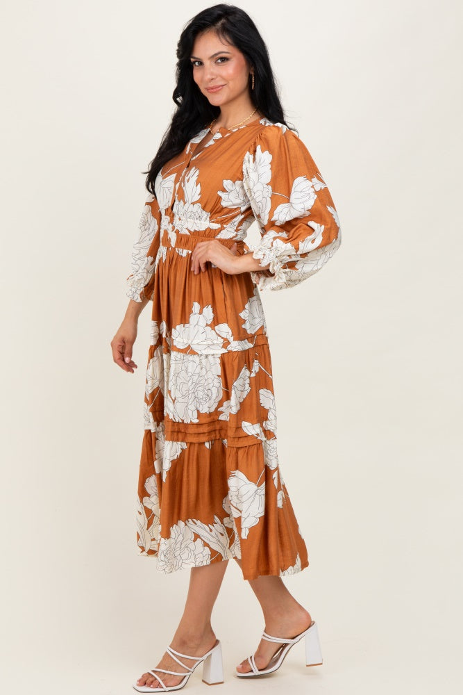 Camel Floral Long 3/4 Sleeve Tiered Midi Dress