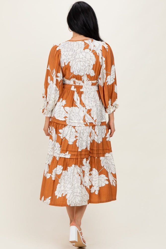 Camel Floral Long 3/4 Sleeve Tiered Midi Dress