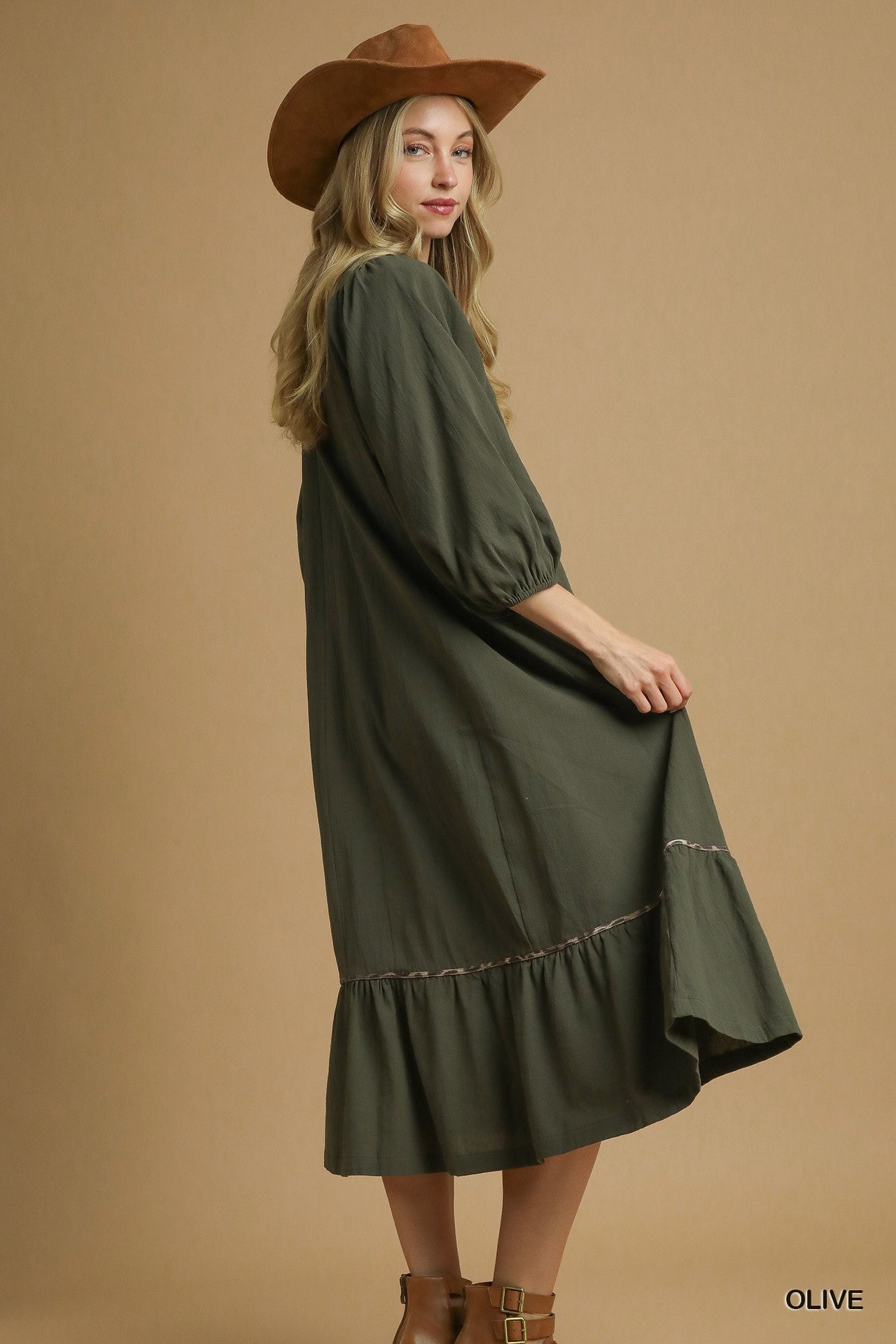 Olive V-Neck Contrast Trim 3/4 Sleeve Midi Dress