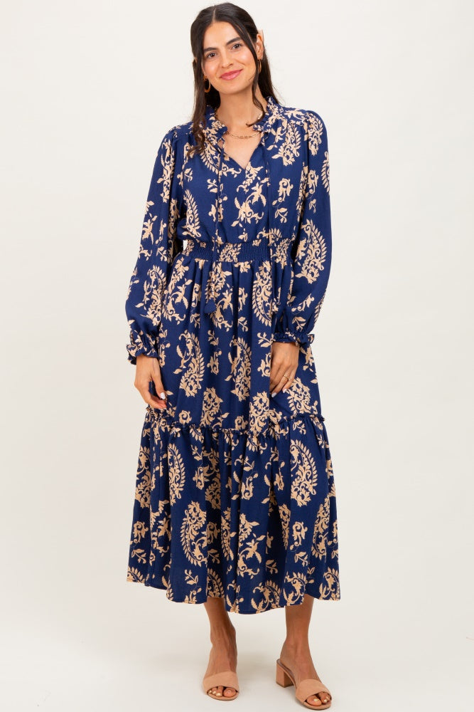 Navy Damask Front Tie Smocked Waist Maternity Midi Dress