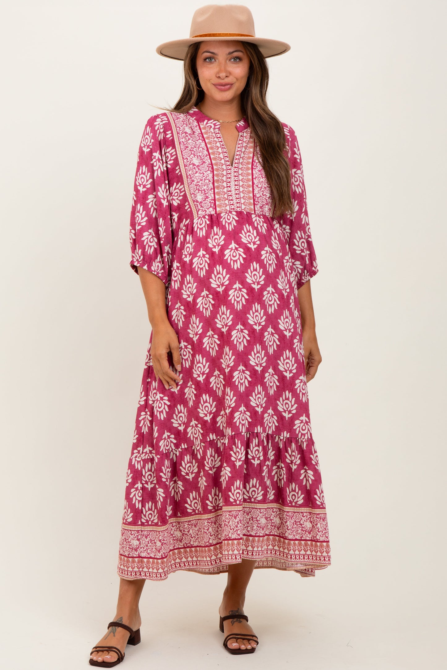 Pink Floral Contrast Print 3/4 Sleeve Maternity Midi Dress