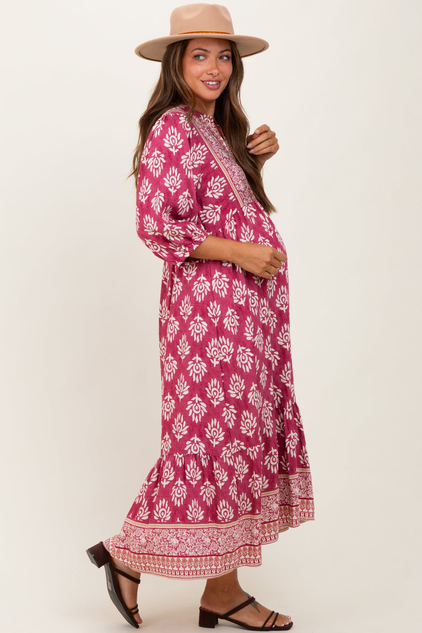 Pink Floral Contrast Print 3/4 Sleeve Maternity Midi Dress
