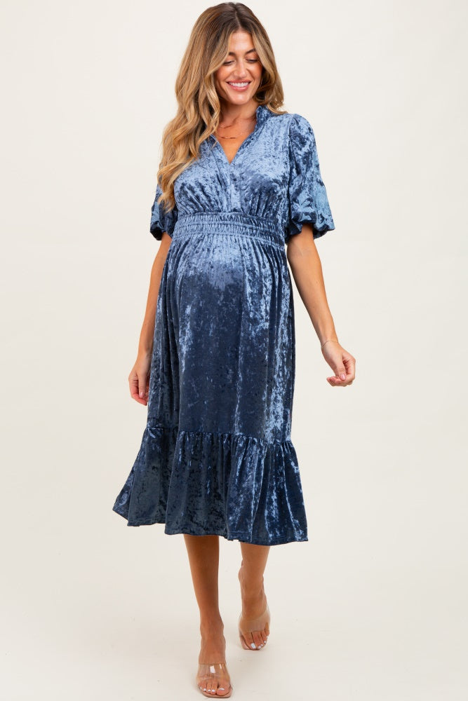 Blue Embroidered Velvet Smocked Waist Maternity Midi Dress