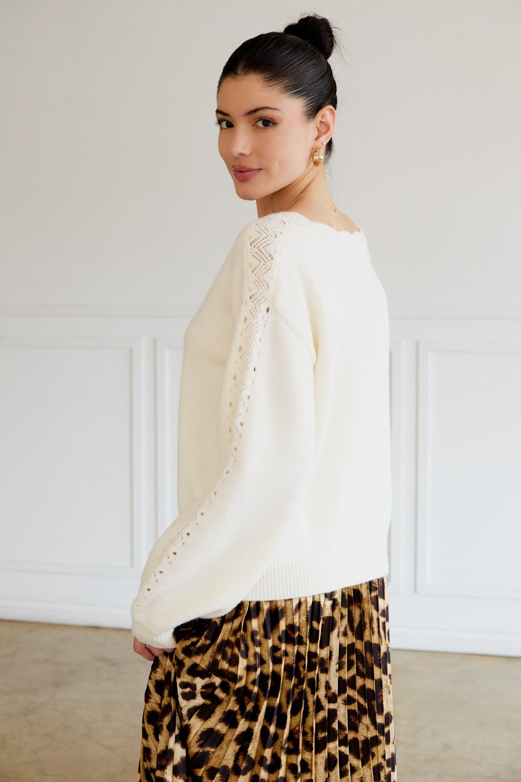 Cream Boat Neck Pointelle Detail Sweater