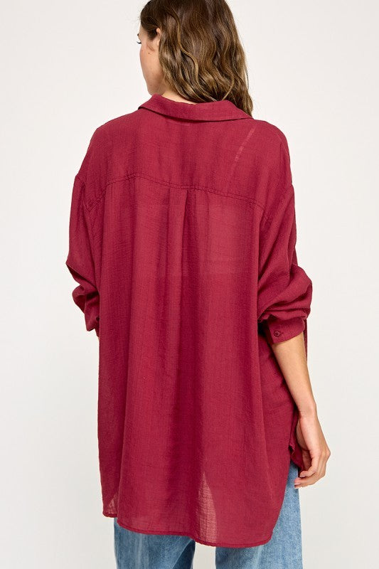 Burgundy Oversized Button Down Shirt