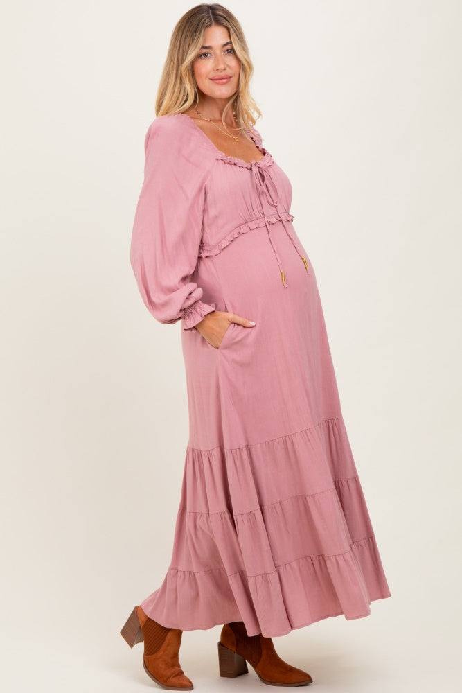 Mauve Ruffled Fit And Flare Maternity Maxi Dress