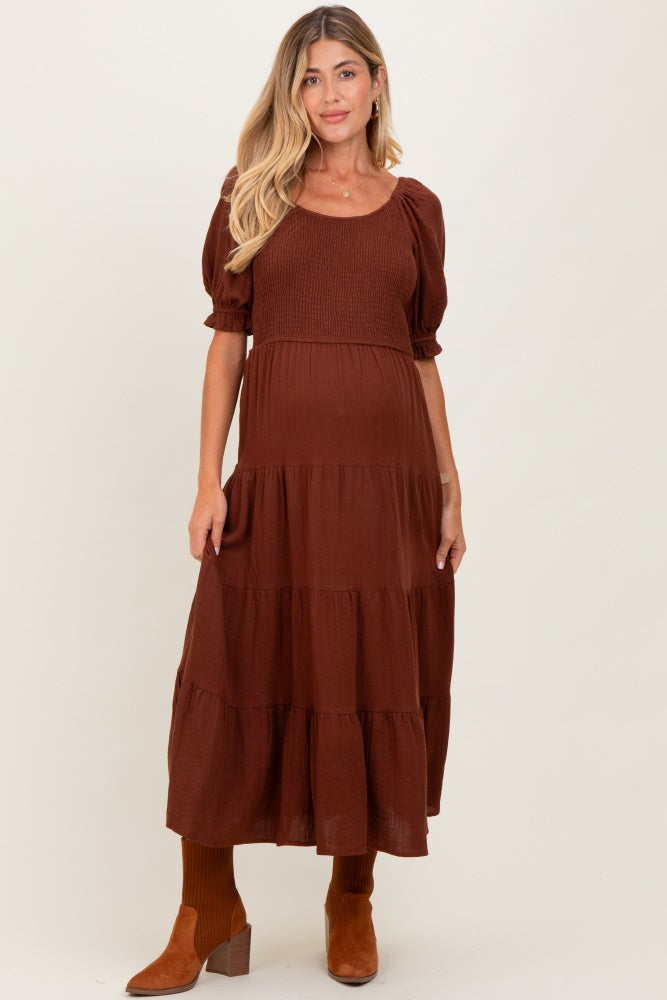 Brown Smocked Tiered Maternity Maxi Dress