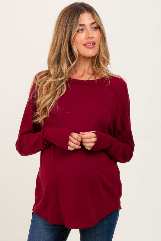 Burgundy Exposed Seam Long Sleeve Maternity Top
