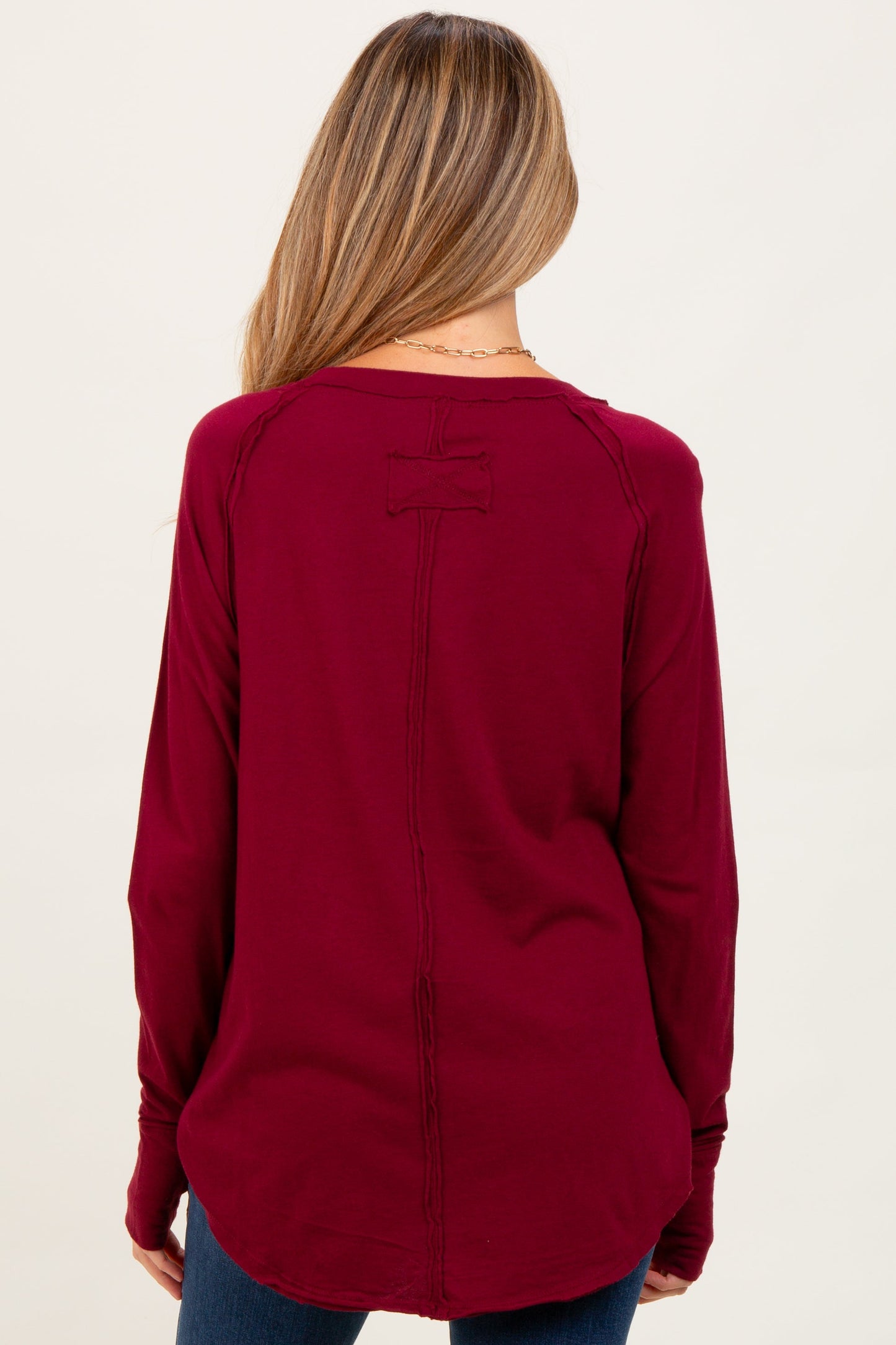 Burgundy Exposed Seam Long Sleeve Maternity Top