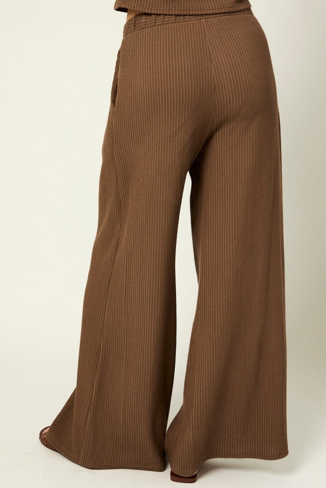 Coffee Long Sleeve Top Pleated Wide Leg Pants Texture Set