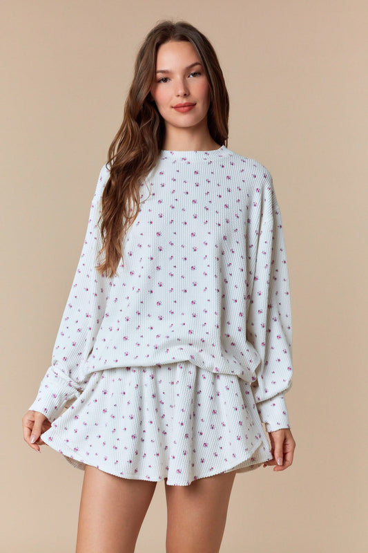 Magenta Floral Waffle Knit Oversized Long Sleeve Top