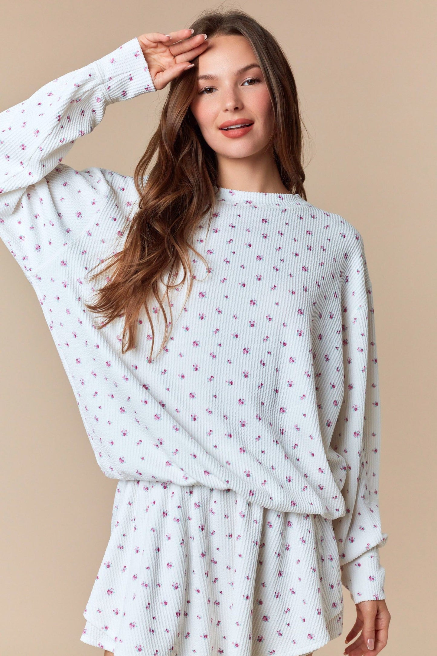 Magenta Floral Waffle Knit Oversized Long Sleeve Top