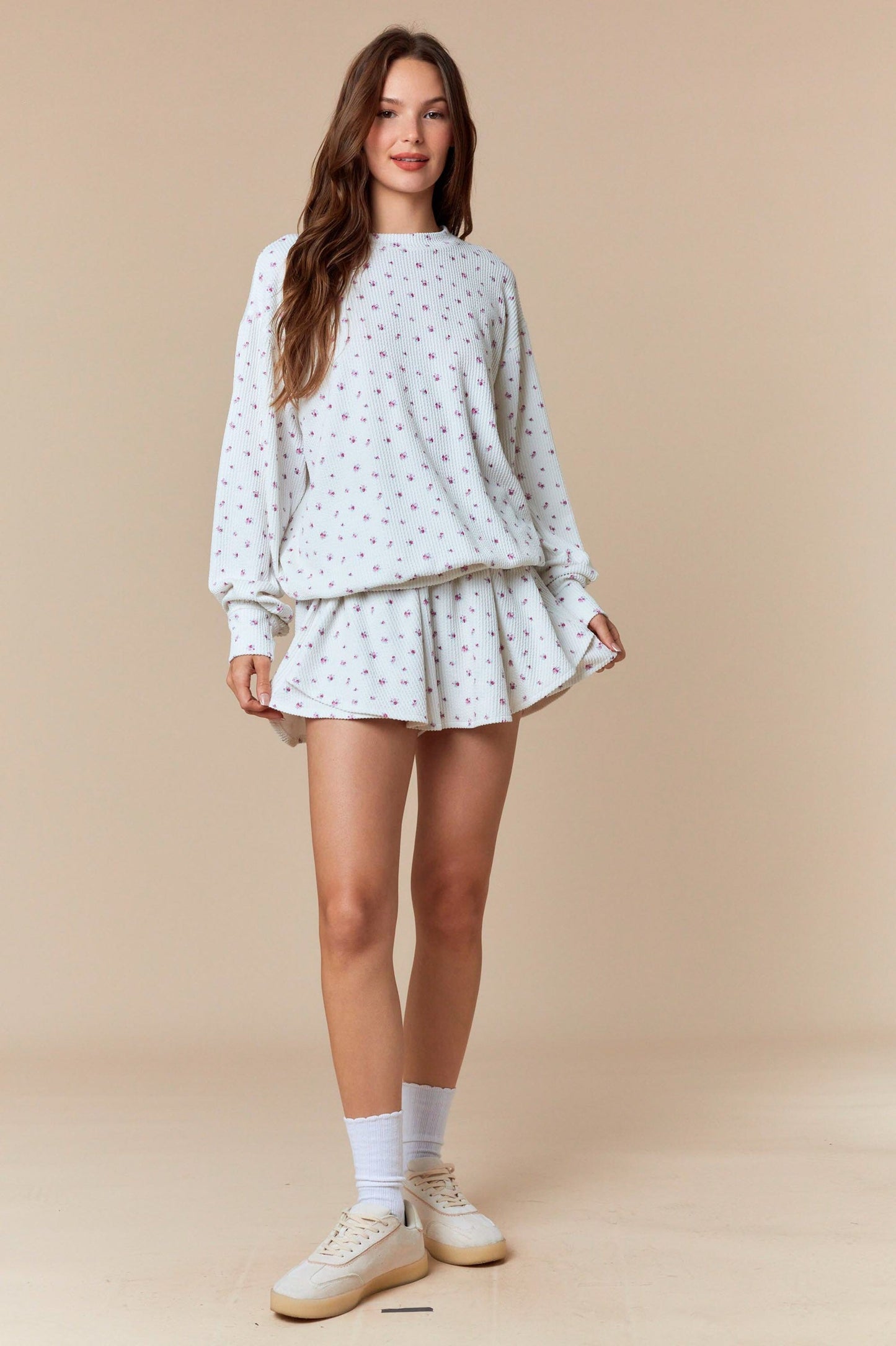 Magenta Floral Waffle Knit Oversized Long Sleeve Top