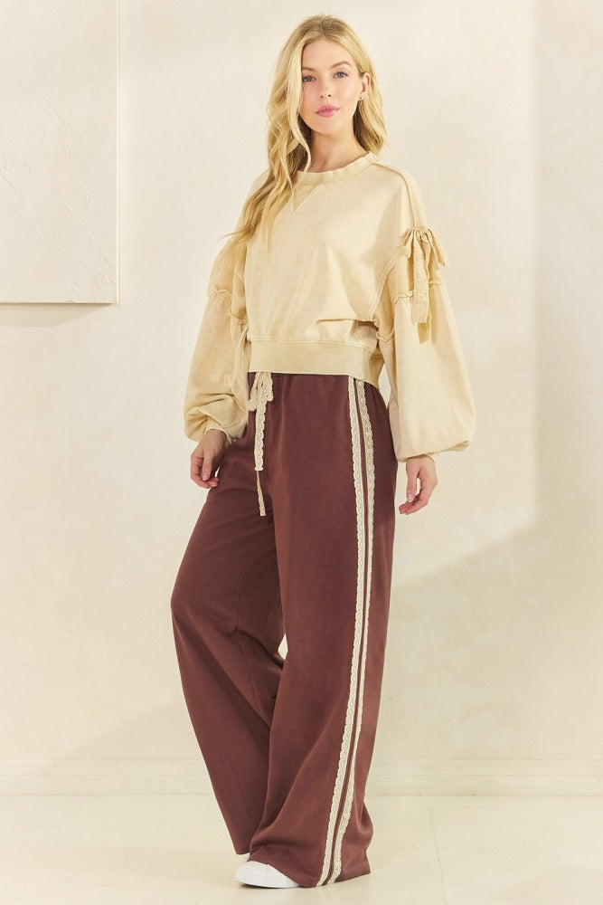 Brown Lace Stripe Drawstring Lounge Pants