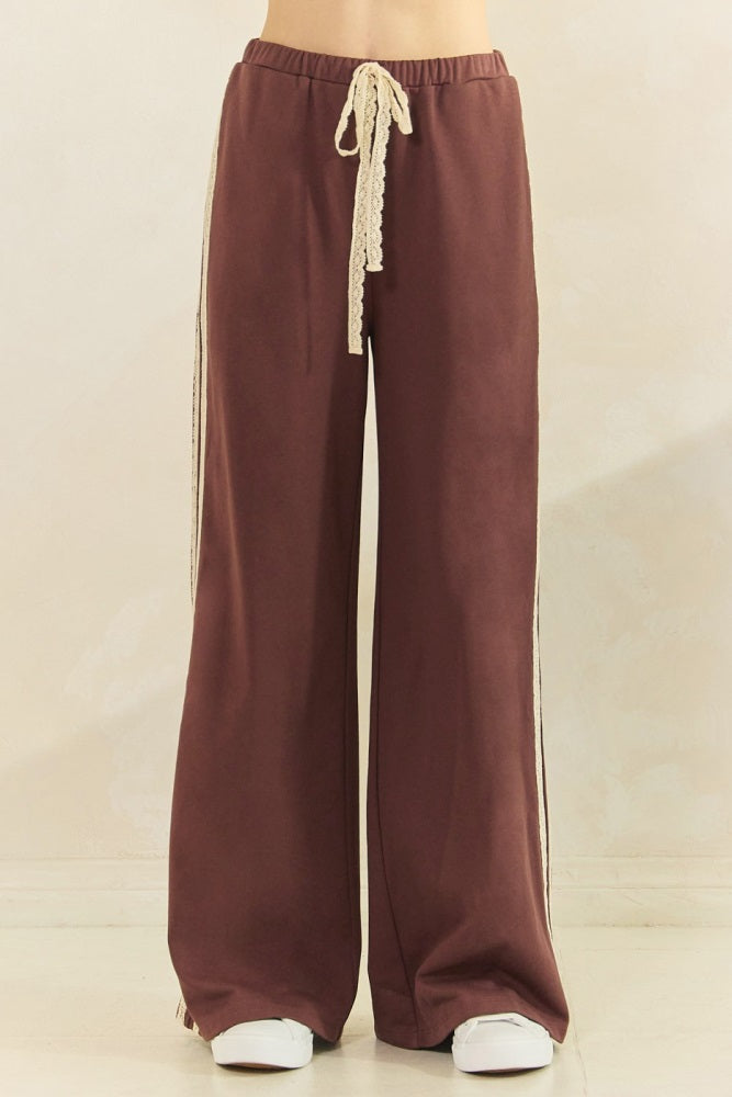 Brown Lace Stripe Drawstring Lounge Pants