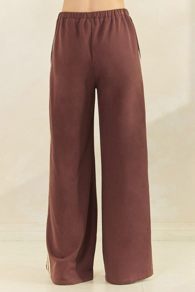 Brown Lace Stripe Drawstring Lounge Pants