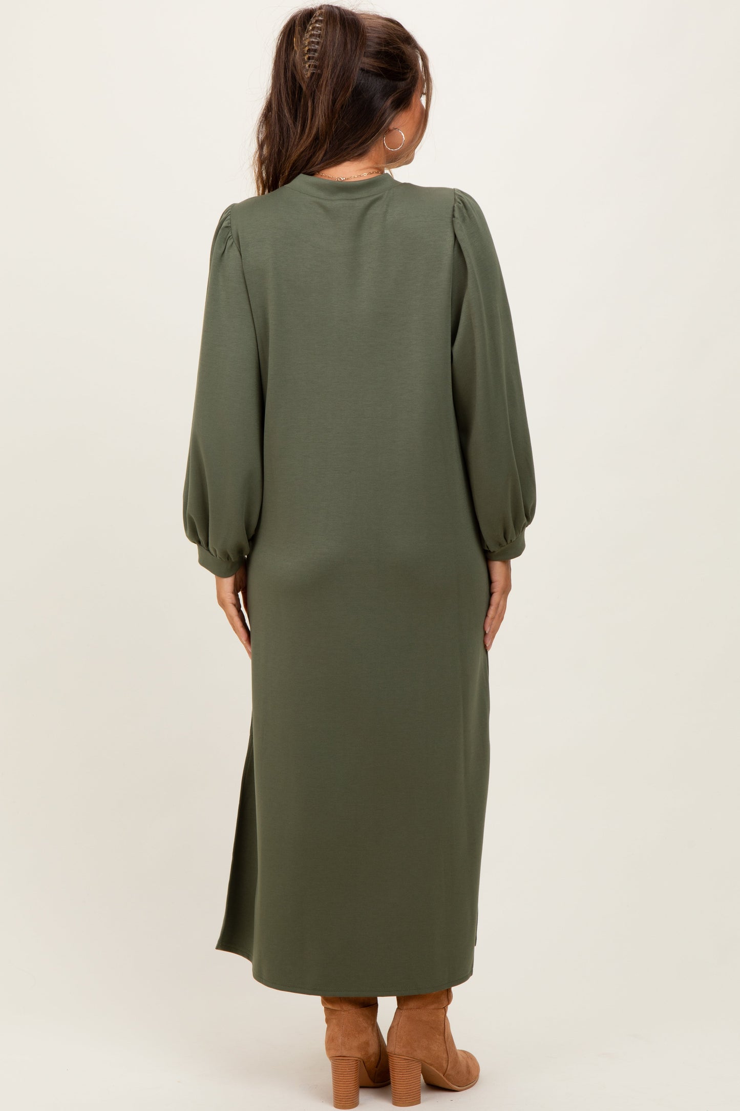 Olive Side Slit Detail Solid Maternity Midi Dress