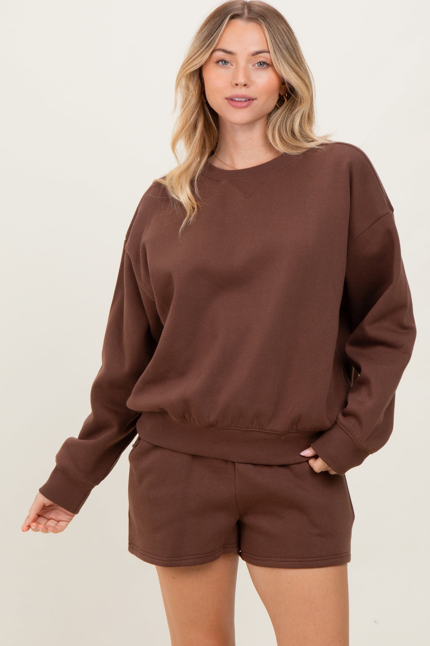 Brown Fleece Sweatshirt Shorts Set