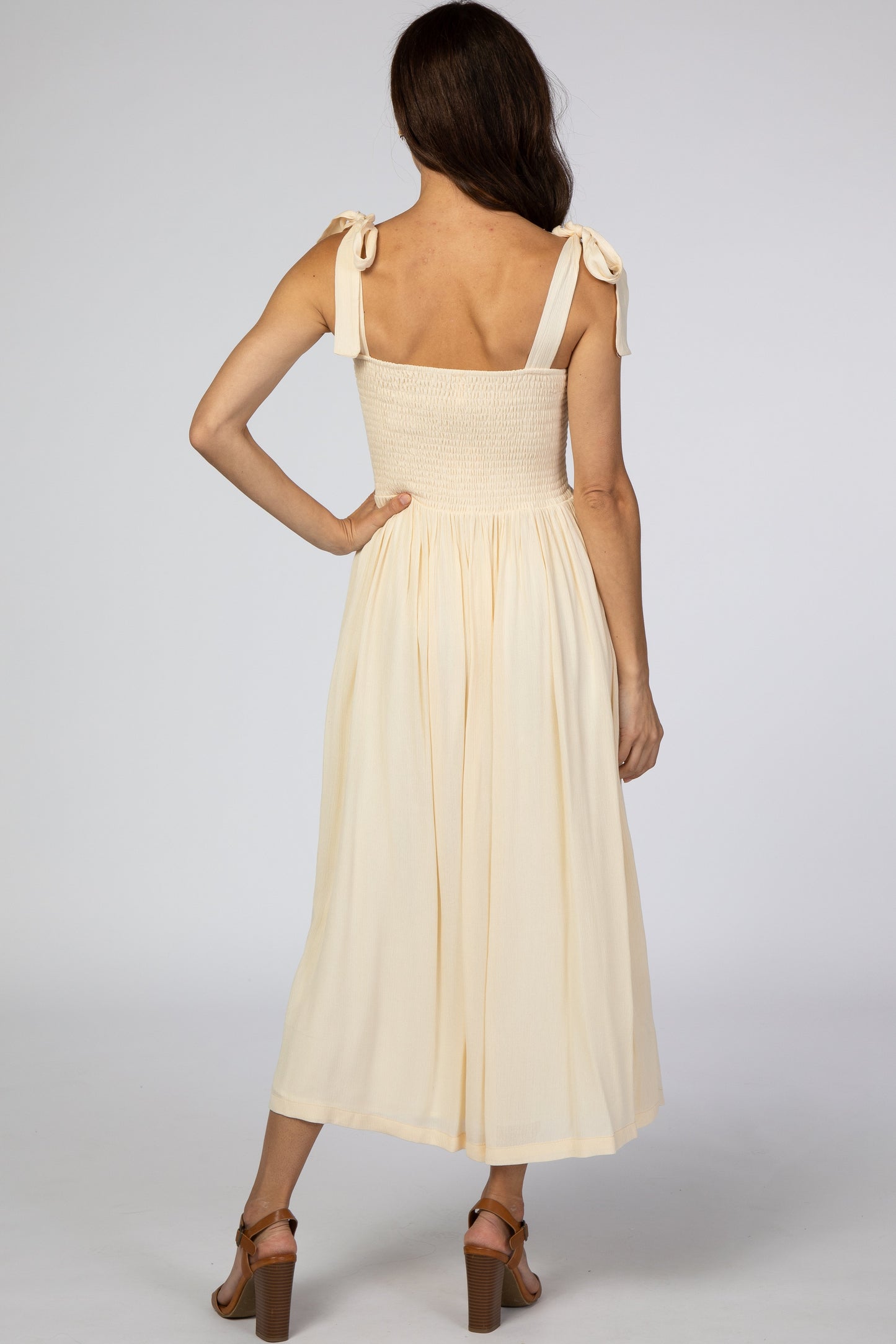 Beige Smocked Tie Strap Midi Dress