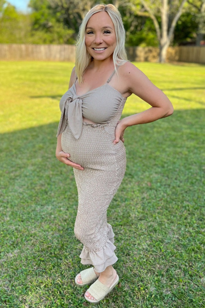 Mocha Gingham Print Smocked Fitted Self-Tie Maternity Midi Dress