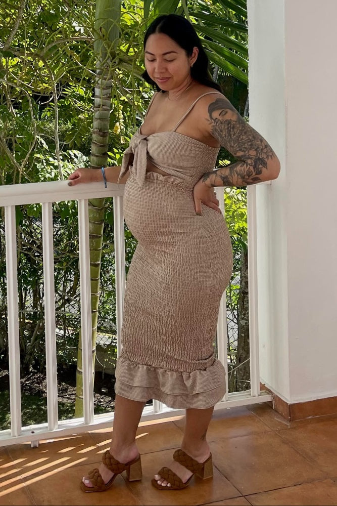 Mocha Gingham Print Smocked Fitted Self-Tie Maternity Midi Dress