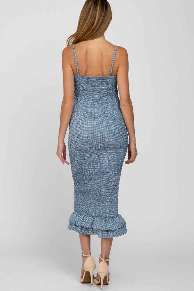 Blue Gingham Print Smocked Fitted Self-Tie Maternity Midi Dress