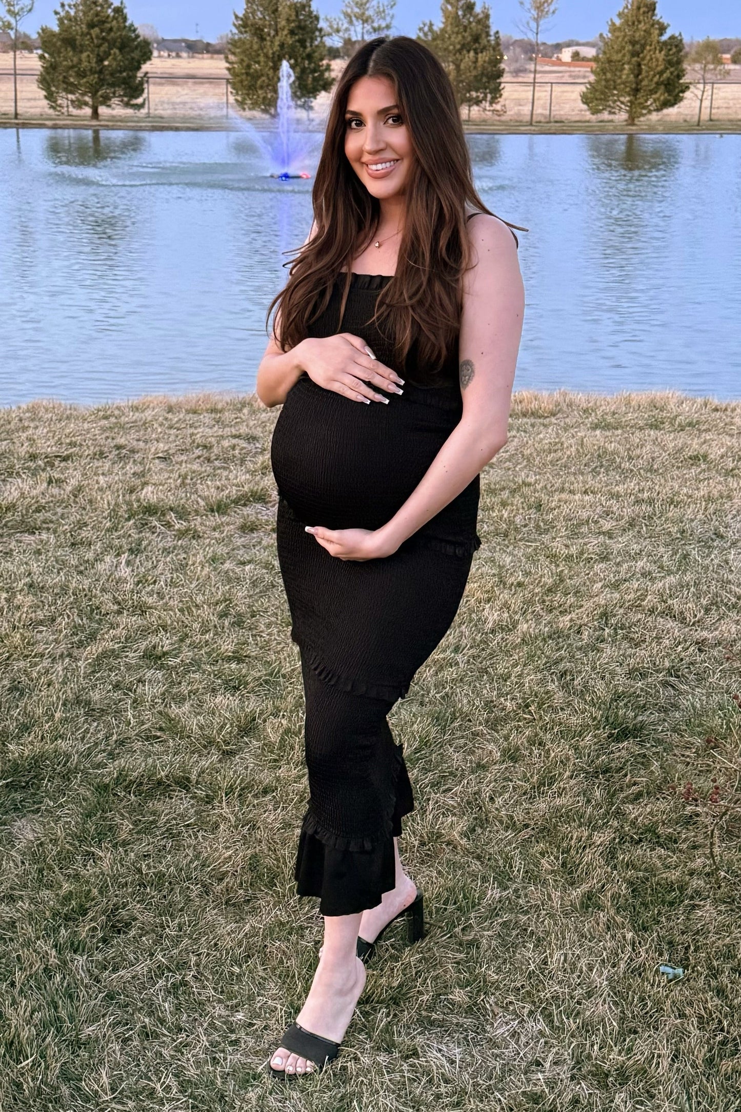 Black Satin Smocked Fitted Maternity Midi Dress