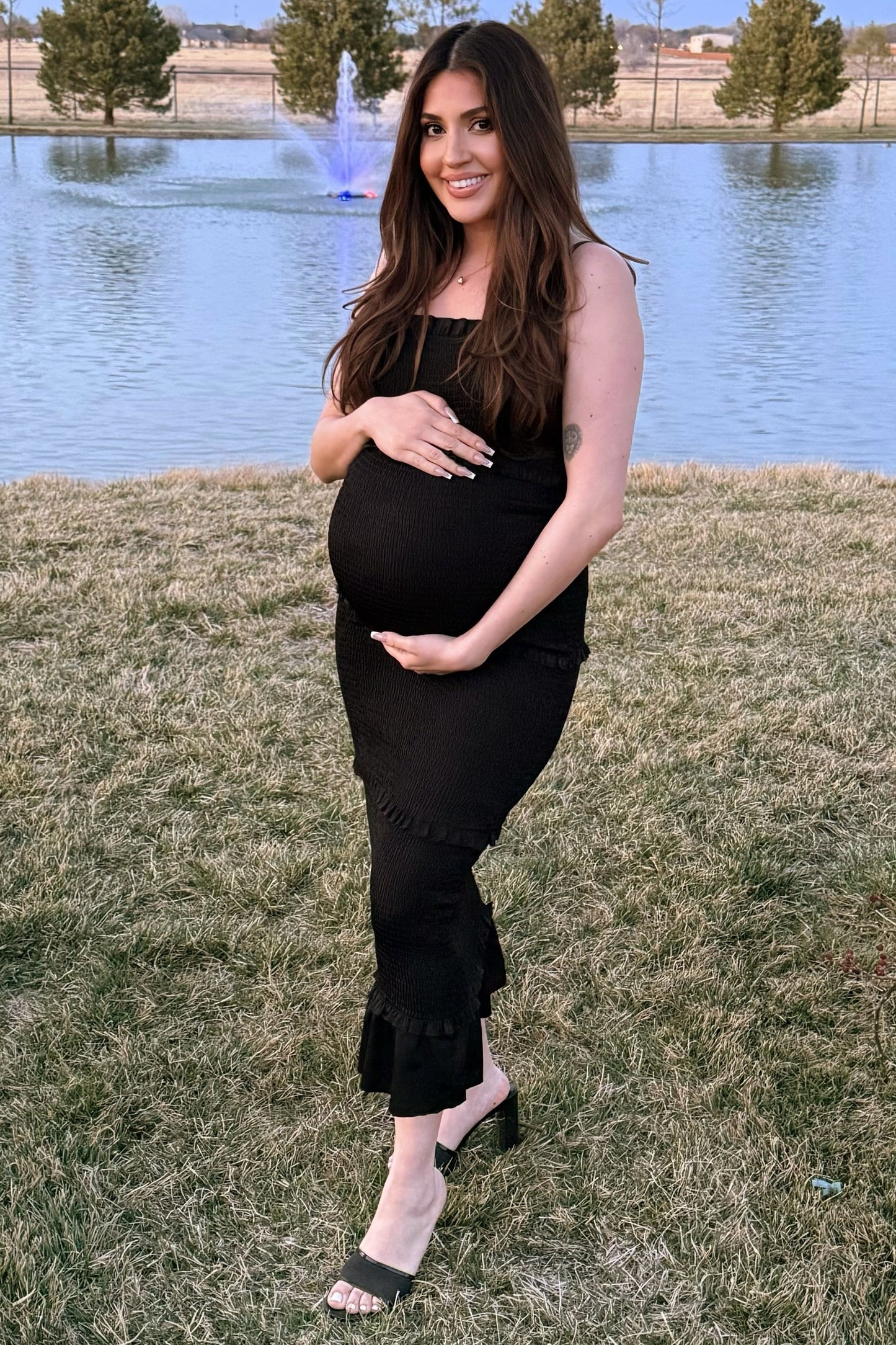 Black Satin Smocked Fitted Maternity Midi Dress