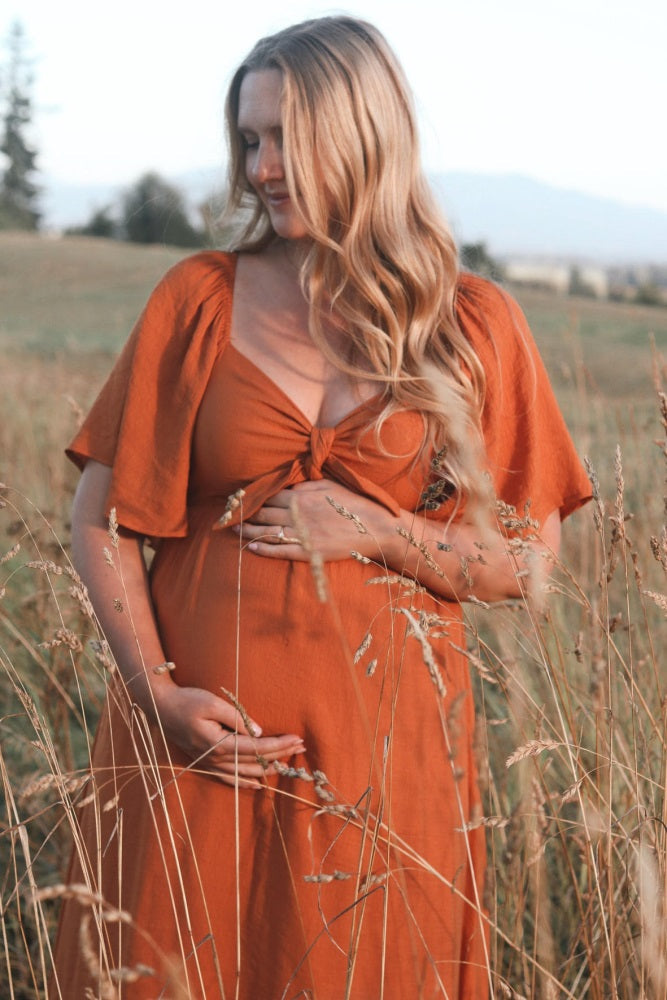 Rust Front Tie Ruffle Sleeve Maternity Midi Dress
