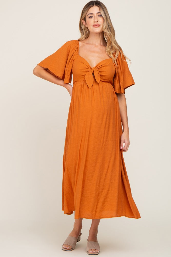 Rust Front Tie Ruffle Sleeve Maternity Midi Dress